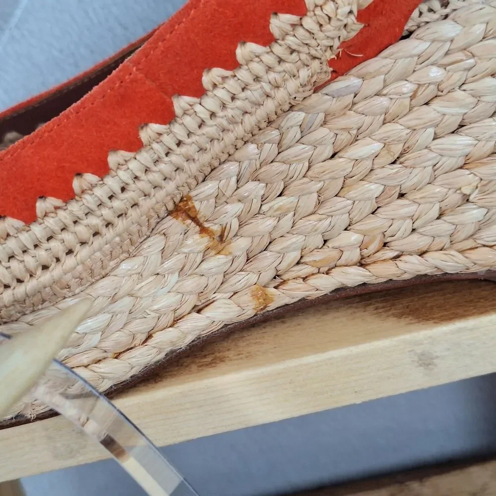 Tory Burch Espadrille Wedge Sandals Women's 9 Orange Jute Leather Platform Heels